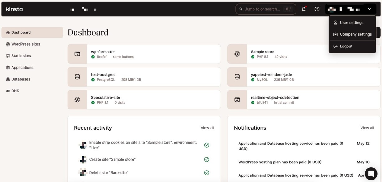 Kinsta Dashboard